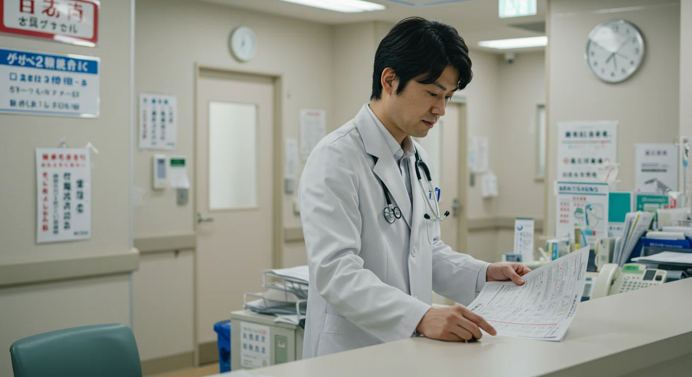 白衣を着た非常勤医師が病院で働いている様子