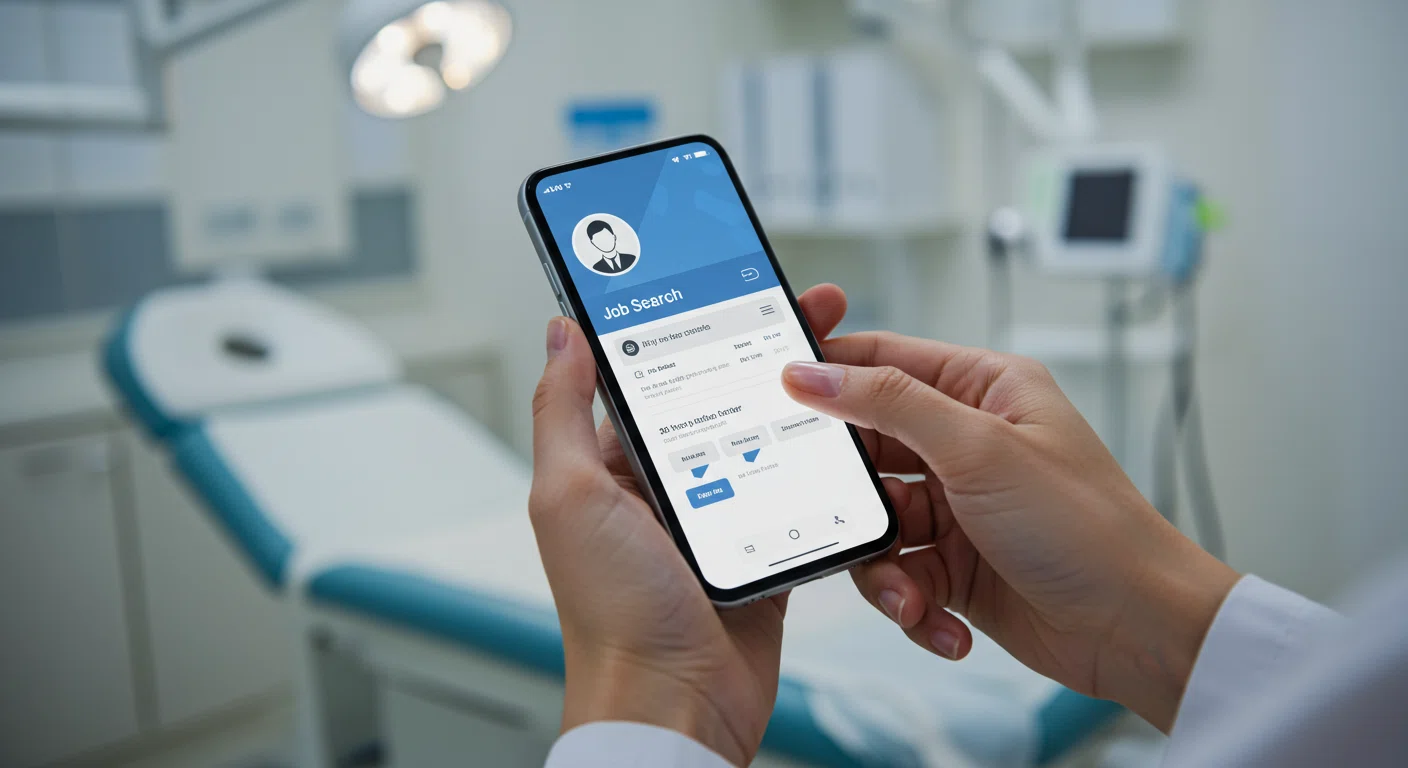 医師がスマートフォンで転職サイトを閲覧している様子