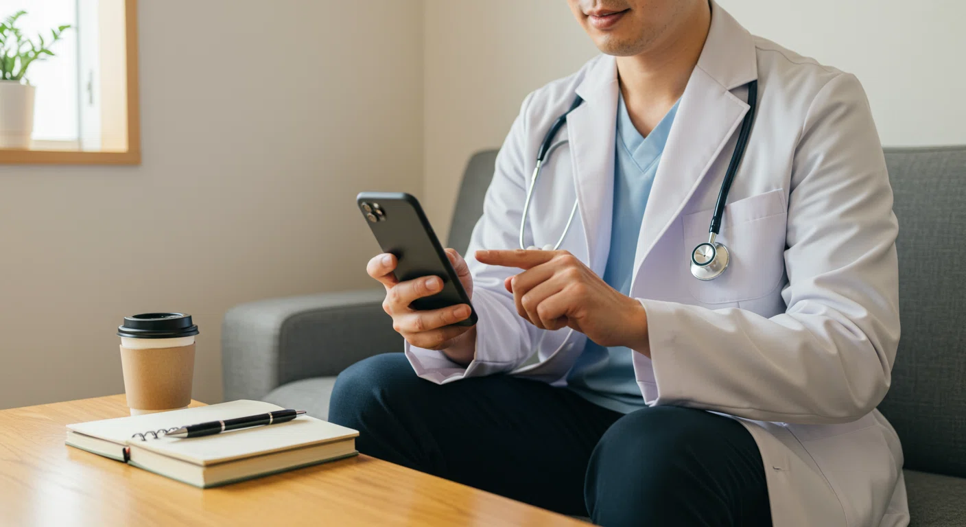 医師がスマートフォンで医師転職ドットコムに登録している様子