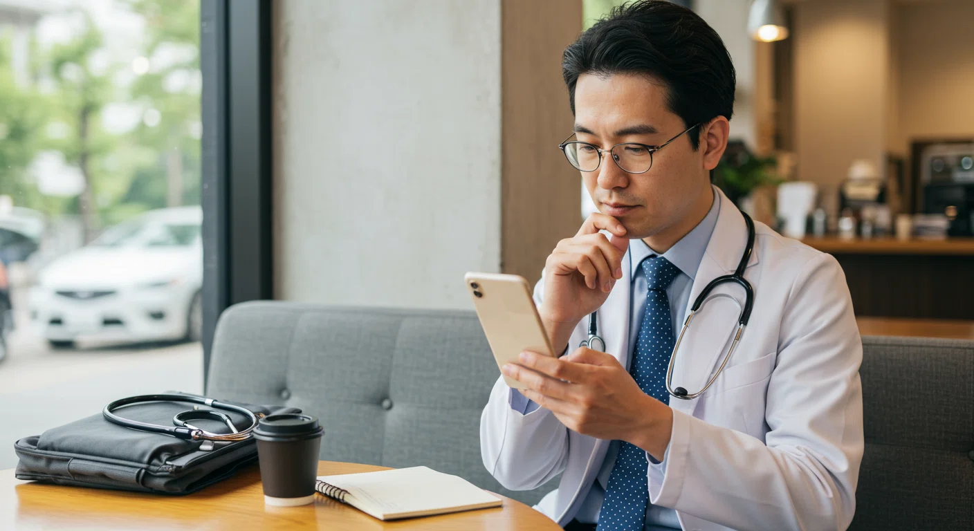 スマートフォンで転職情報を確認する医師