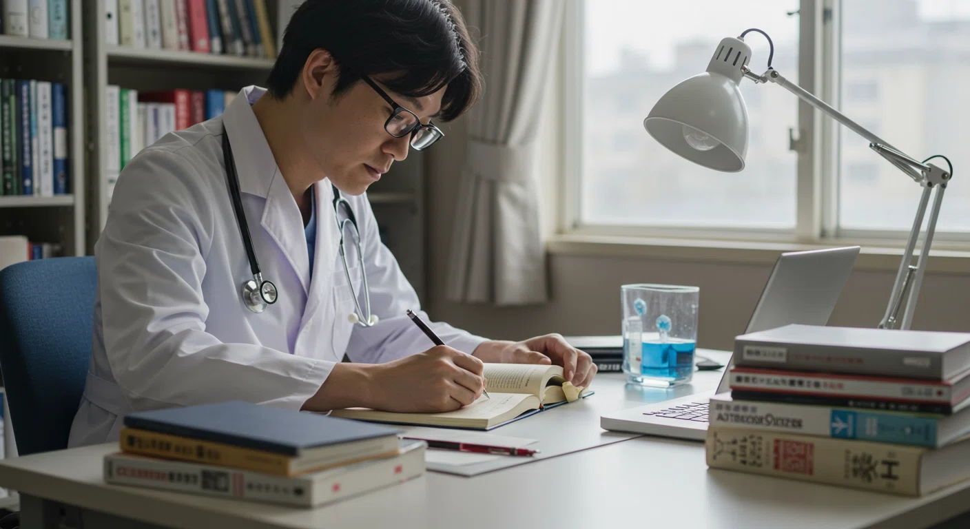 医師が外国語の医学書を学習している様子