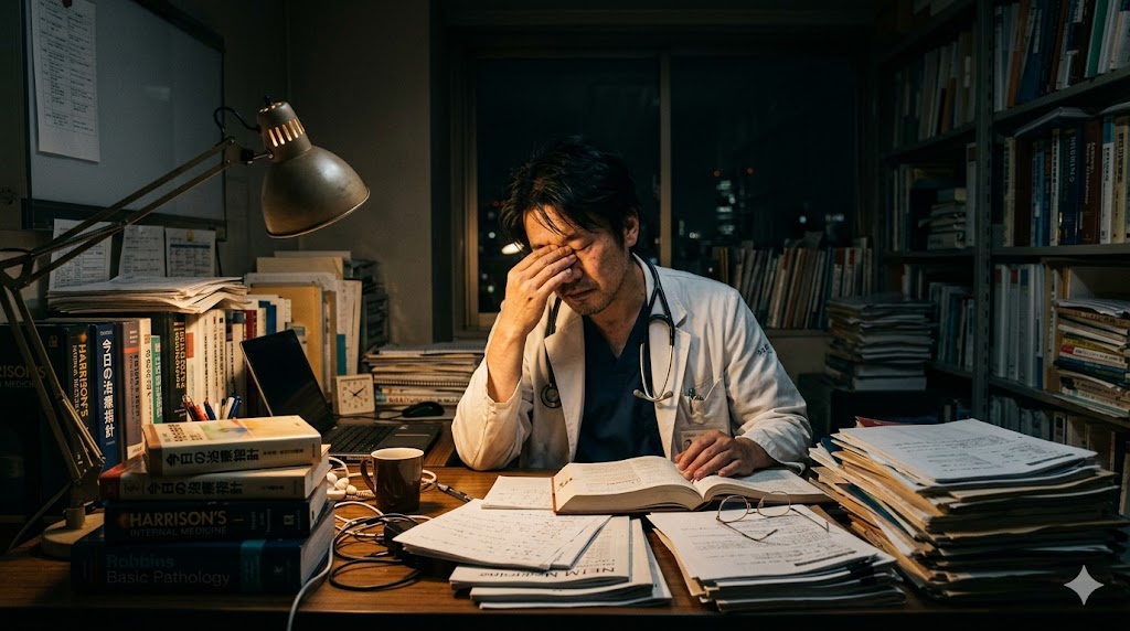 夜遅く、薄暗い大学病院の医局で、山積みの医学書や論文に囲まれながら目をこする30代の日本人男性医師。