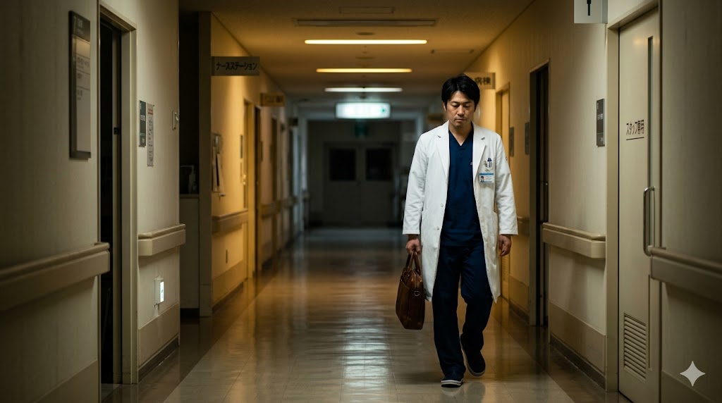 夜遅くの静かな病院の廊下、少し疲れた様子の30代男性医師。