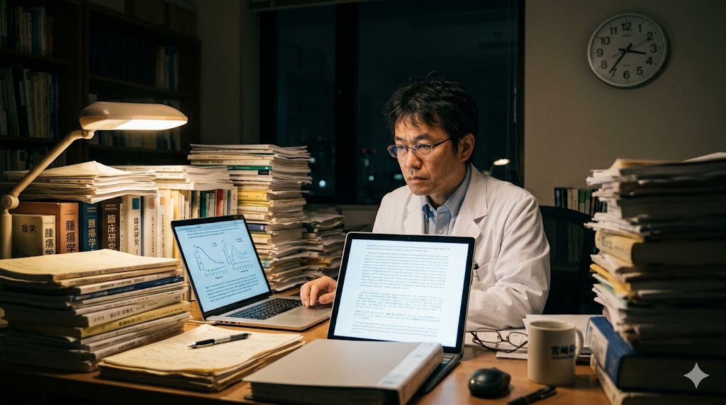 深夜にパソコンに向かって研究や教育の準備を行う40代の医師。