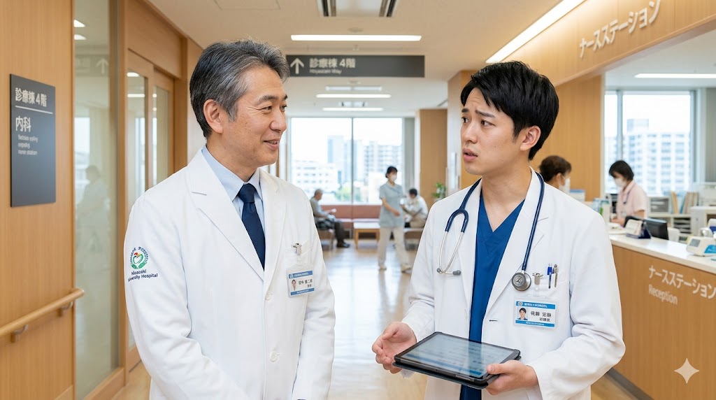 病院内で少し不安げな若手医師が自信に満ちたベテラン医師と話している様子。