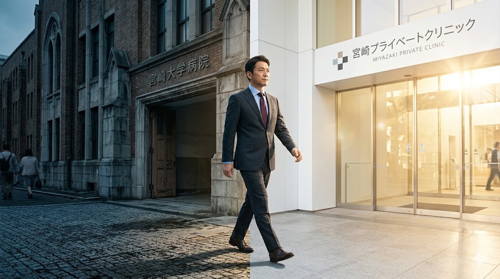 大学病院から抜け出しスーツ姿で民間クリニックのエントランスへと力強く歩む40代医師。