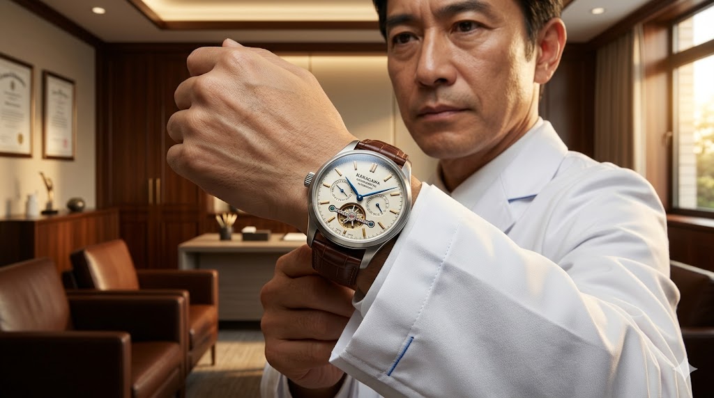 高級なプライベートクリニックを背景に、清潔な白衣の袖口から覗く洗練された高級機械式腕時計のアップ。