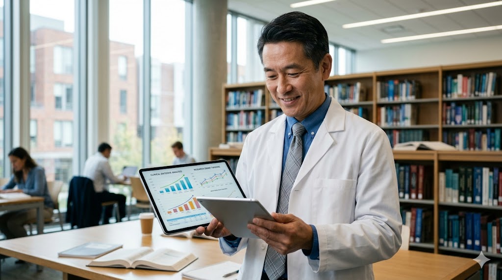 明るい医療ライブラリーで、白衣を着てタブレットの上昇トレンドグラフを分析する40代の日本人男性医師。