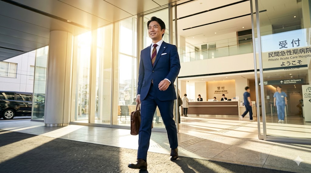 澄んだ朝の光の中、スーツ姿で現代的な民間急性期病院の明るいロビーへと自信に満ちた足取りで向かう40代の日本人男性医師。