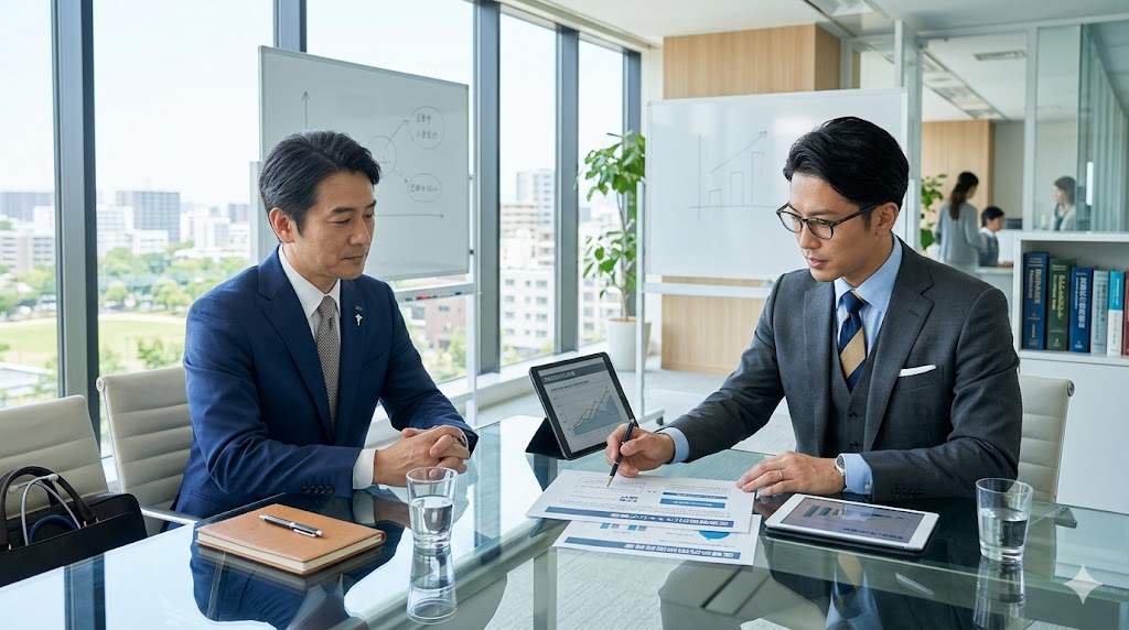 現代的なオフィスで、プロのキャリアコンサルタントから書類を用いた真剣な説明を受ける40代の日本人男性医師。