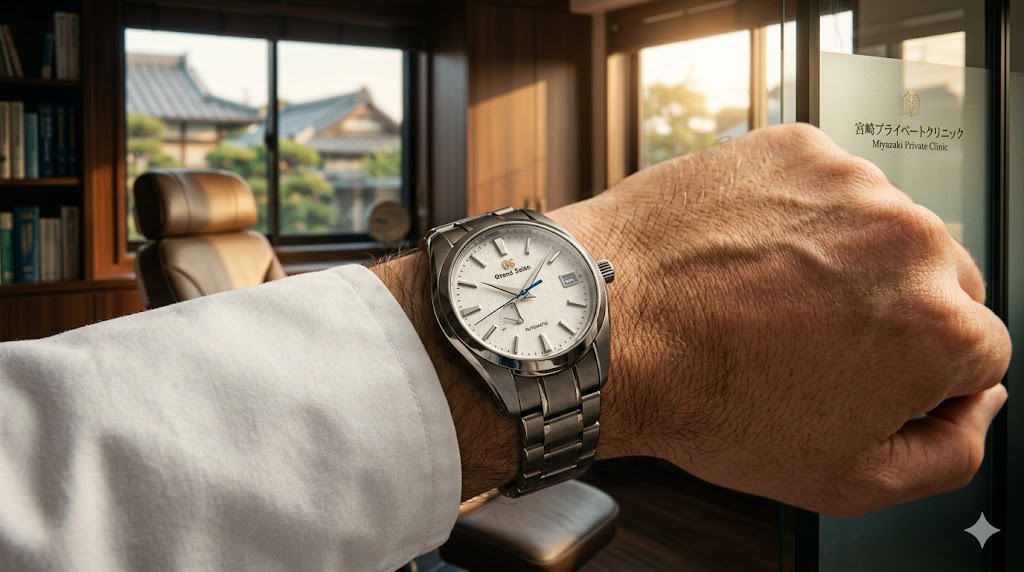 高級なプライベートクリニックを背景に、清潔な白衣の袖口から覗く洗練された高級自動巻き腕時計のアップ。