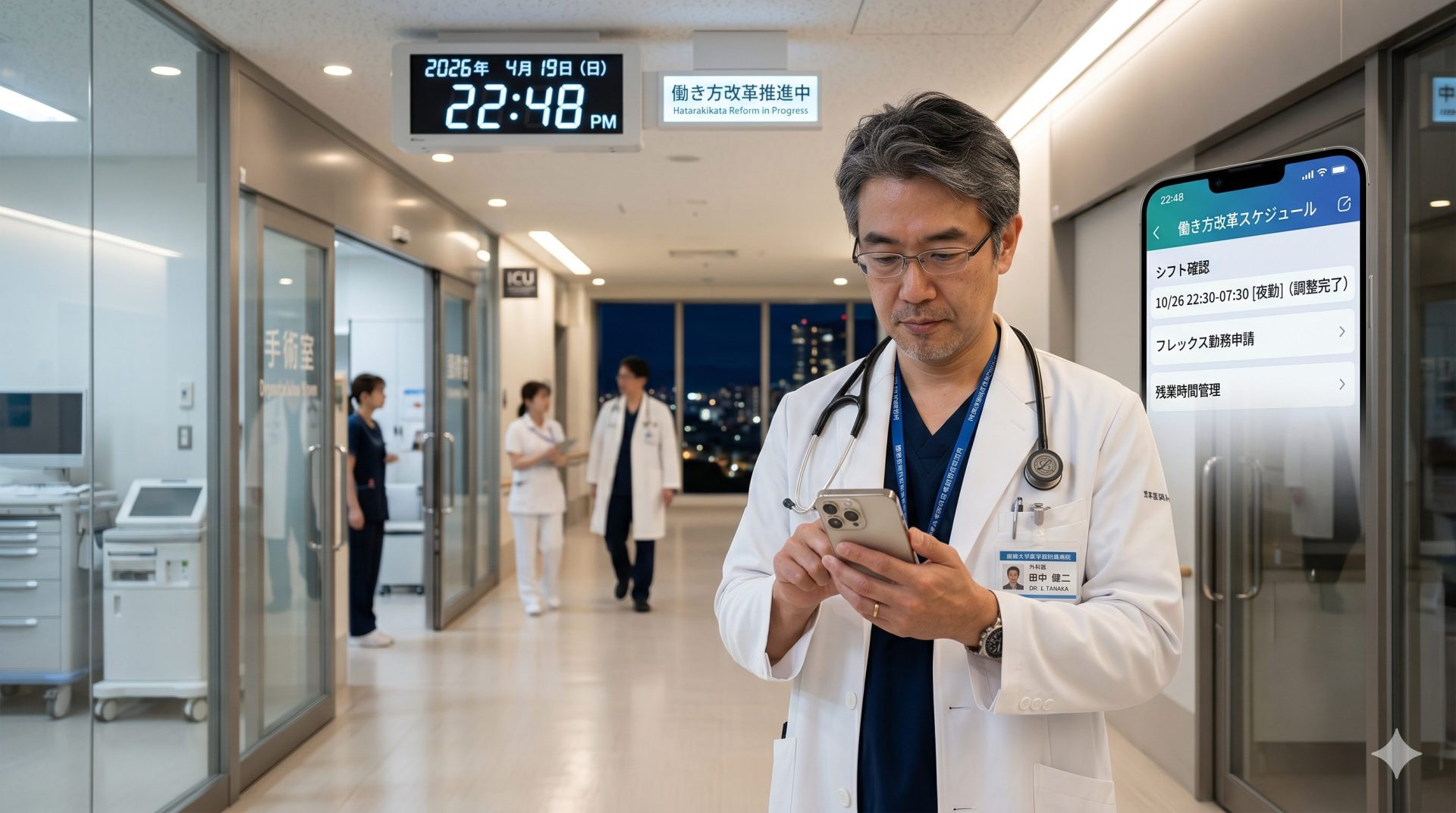 働き方改革を象徴する、夜遅い時間を指すデジタル時計がある現代的な病院の廊下。スマートフォンで洗練されたスケジュール管理アプリを確認するプロフェッショナルな医師。柔軟な働き方へのシフトを表現。
