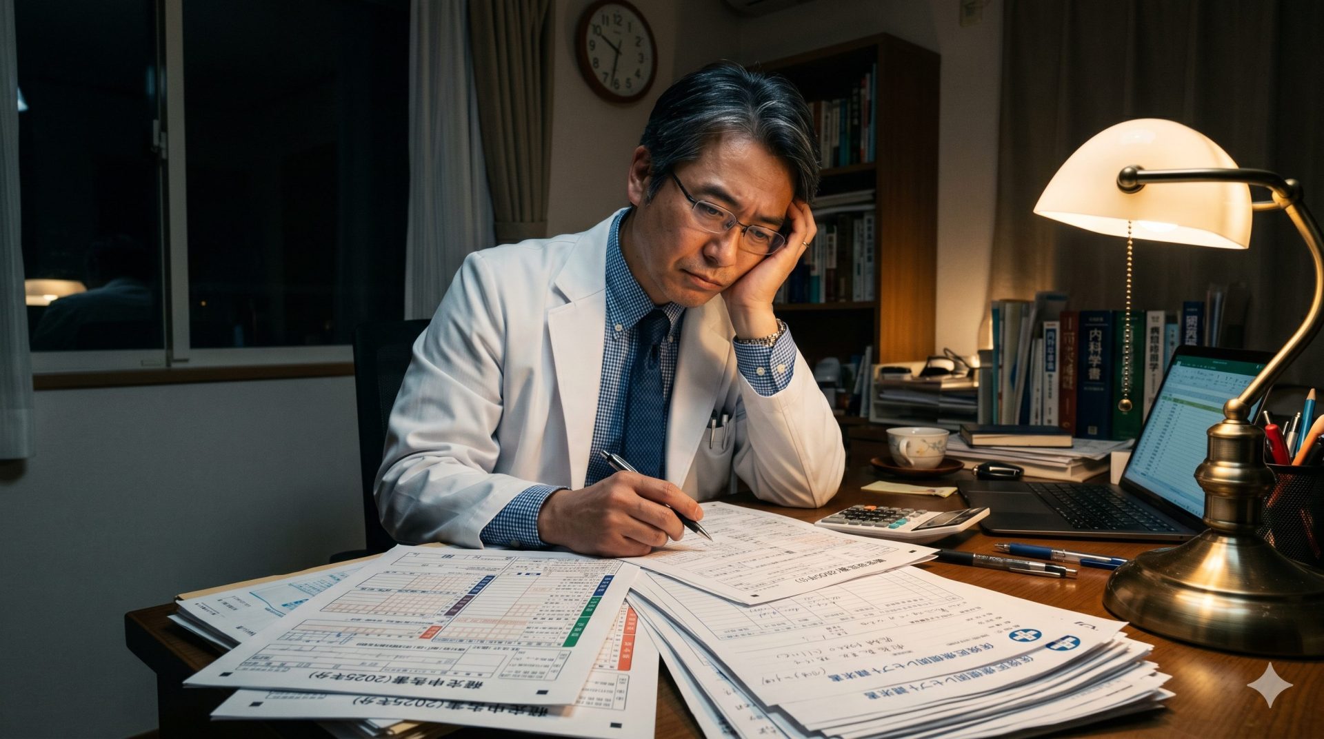 デスクランプの下で、複雑な税務書類や保険の書類を見つめ、少し困惑しながらも集中している白衣の日本人医師。自己管理の重圧を感じさせる静かで少し緊張感のある雰囲気。