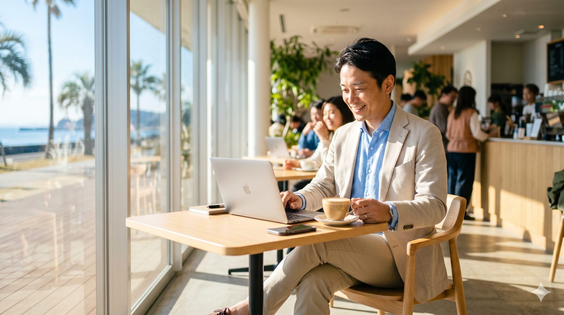 スマートカジュアルな服装で、陽の当たるスタイリッシュなカフェに座る日本人医師。スリムなノートパソコンで作業しながら、コーヒーを傍らにリラックスした表情。自由な時間を楽しんでいる様子。