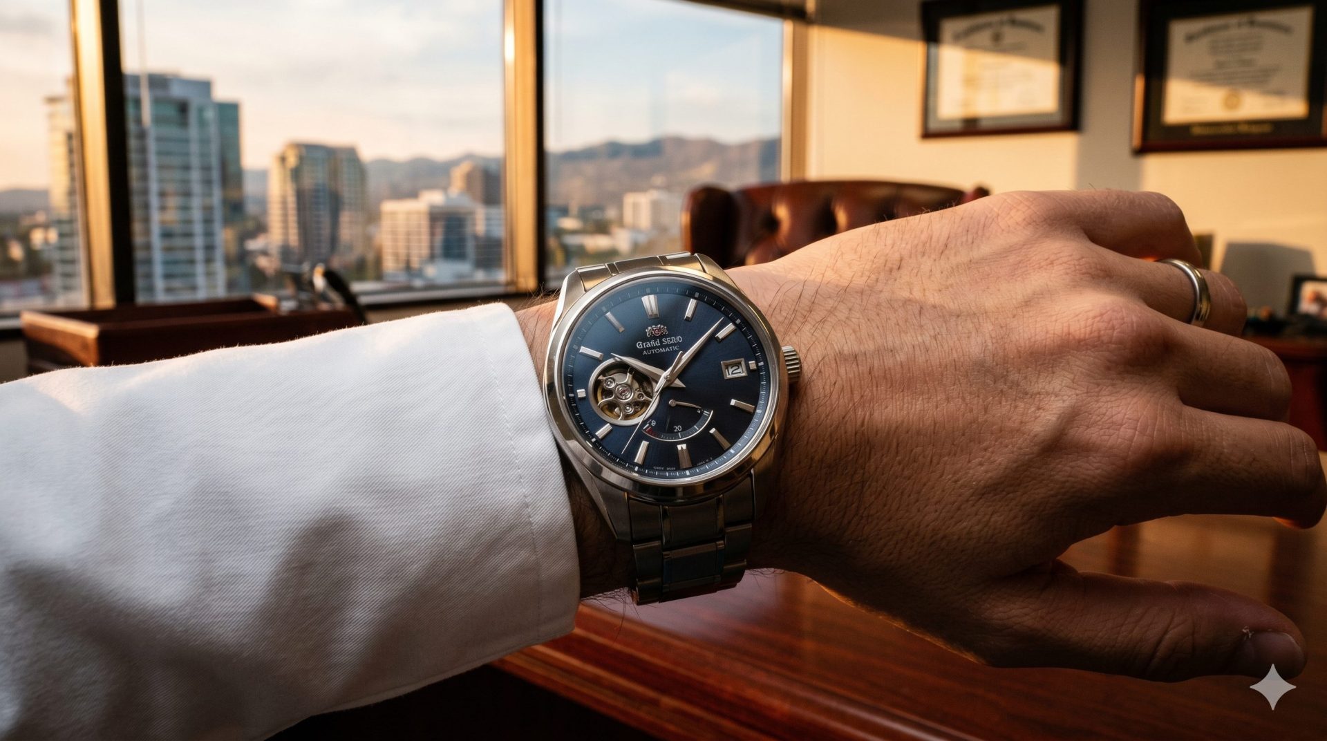 清潔な白衣の袖口から覗く、高級機械式腕時計のドラマティックなアップ。時計の文字盤の精巧なディテール（ロレックスやグランドセイコー風）に焦点を当てた、成功を感じさせる高コントラストなライティング。