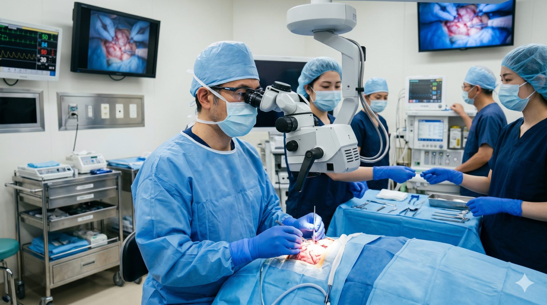 手術室で脳神経外科手術を行う日本人外科医チームの様子