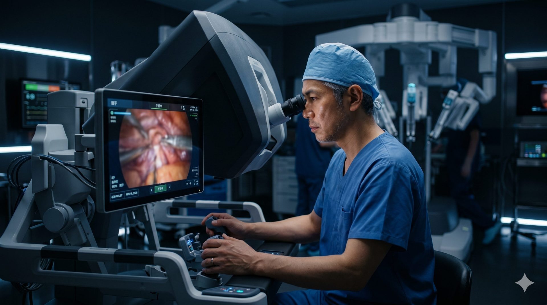 薄暗い現代的な手術室で、ダヴィンチなどの高度な手術支援ロボットのコンソールを操作する青いスクラブ姿の40代日本人男性外科医。