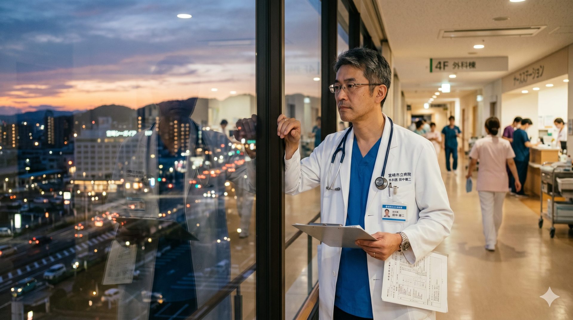 明るいガラス張りのオフィスで、女性キャリアコンサルタントと書類を見ながら真剣に年収や労働条件の交渉について話し合う40代の日本人男性外科医。