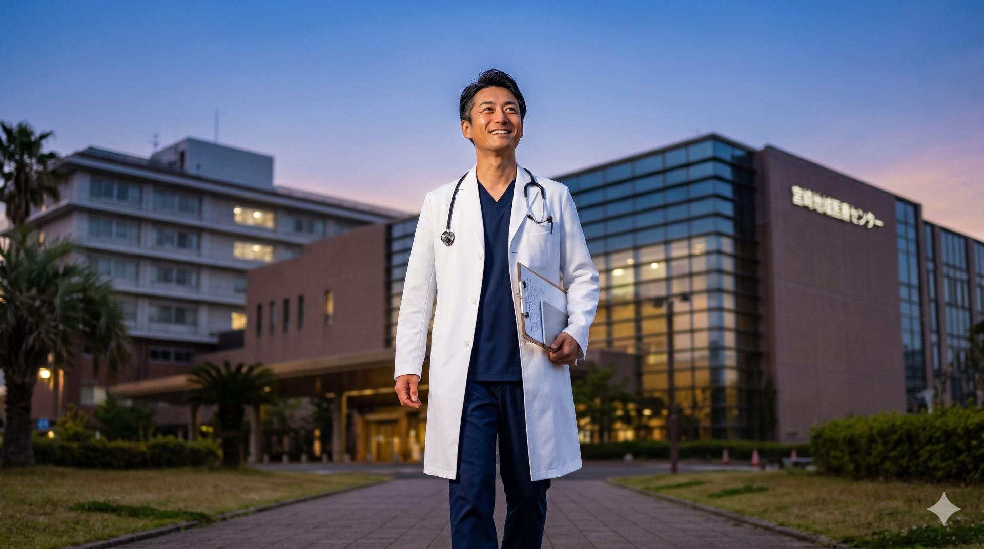 青空の下、地方の中核病院を背景に、白衣を着て自信に満ちた表情で力強く歩く40代の日本人男性外科医の写真。