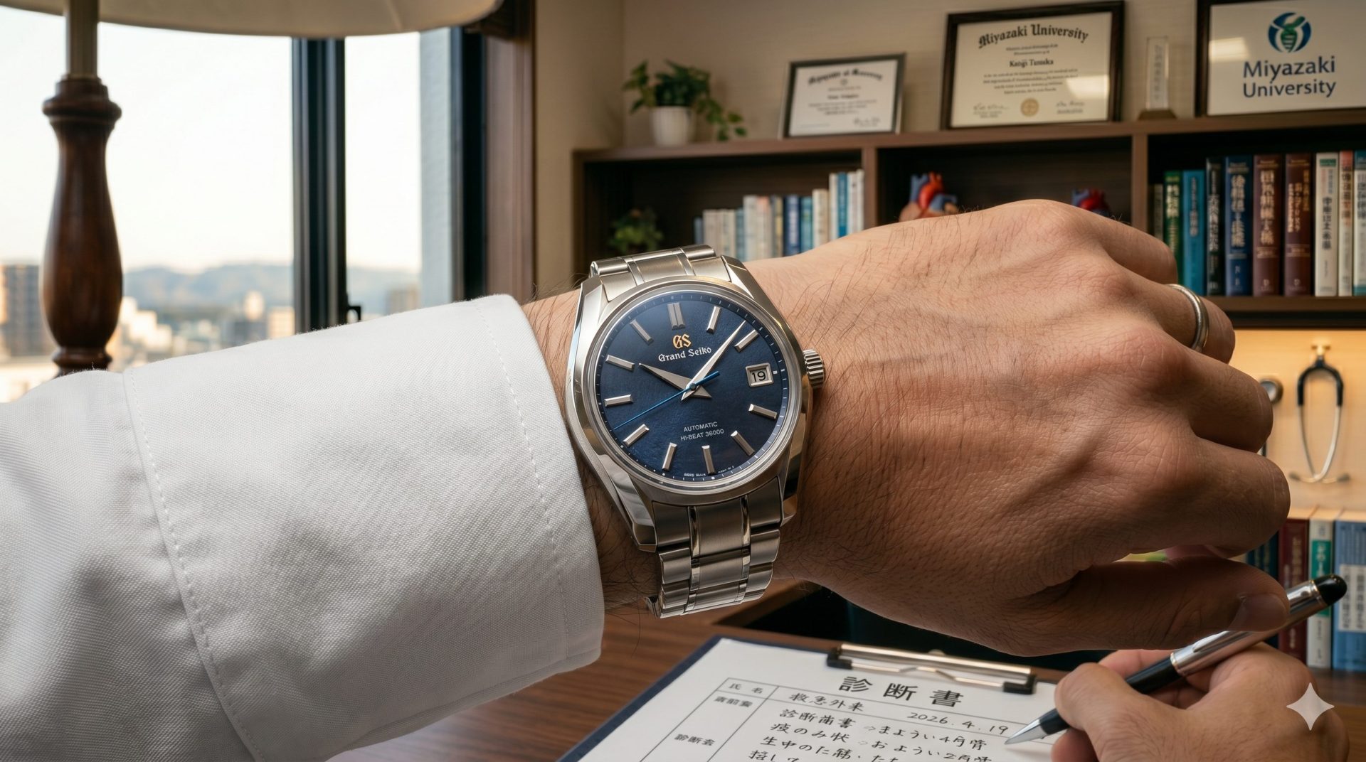 清潔な白衣の袖口から覗く高級自動巻き腕時計のアップ。洗練された医療オフィスの背景がぼけて映り、外科医の成功と信頼感を象徴する手元の写真。