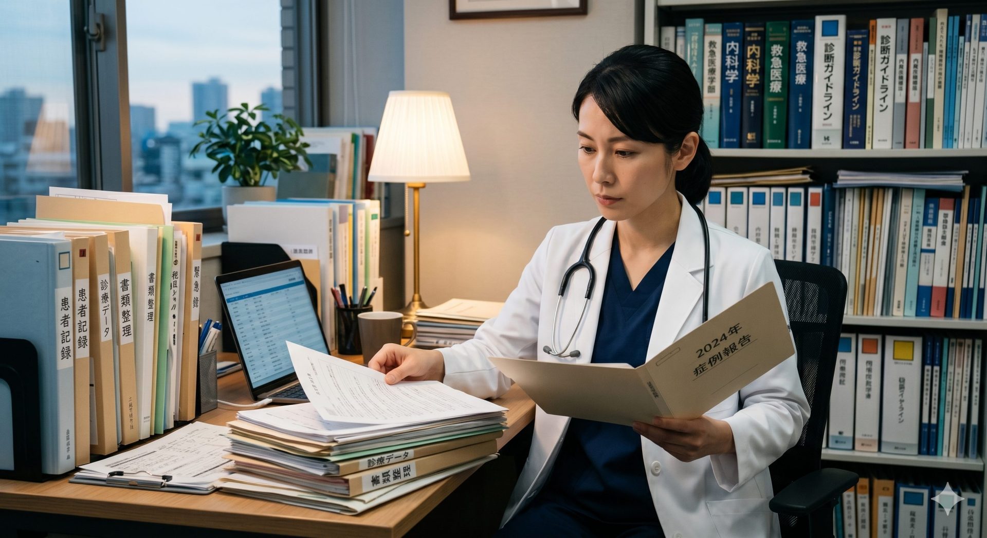 毅然とした表情で書類を整理する30代女性医師。落ち着いた表情と強い意志を感じさせるオフィス環境。困難に立ち向かうプロフェッショナル。医局の嫌がらせに対処する医師のイメージ