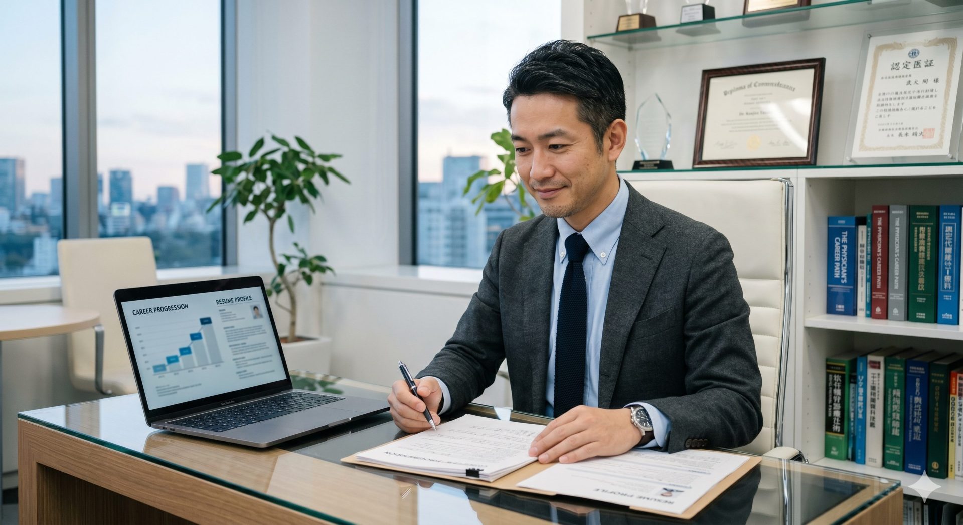 40代の日本人男性医師がスーツ姿で転職について考えている様子