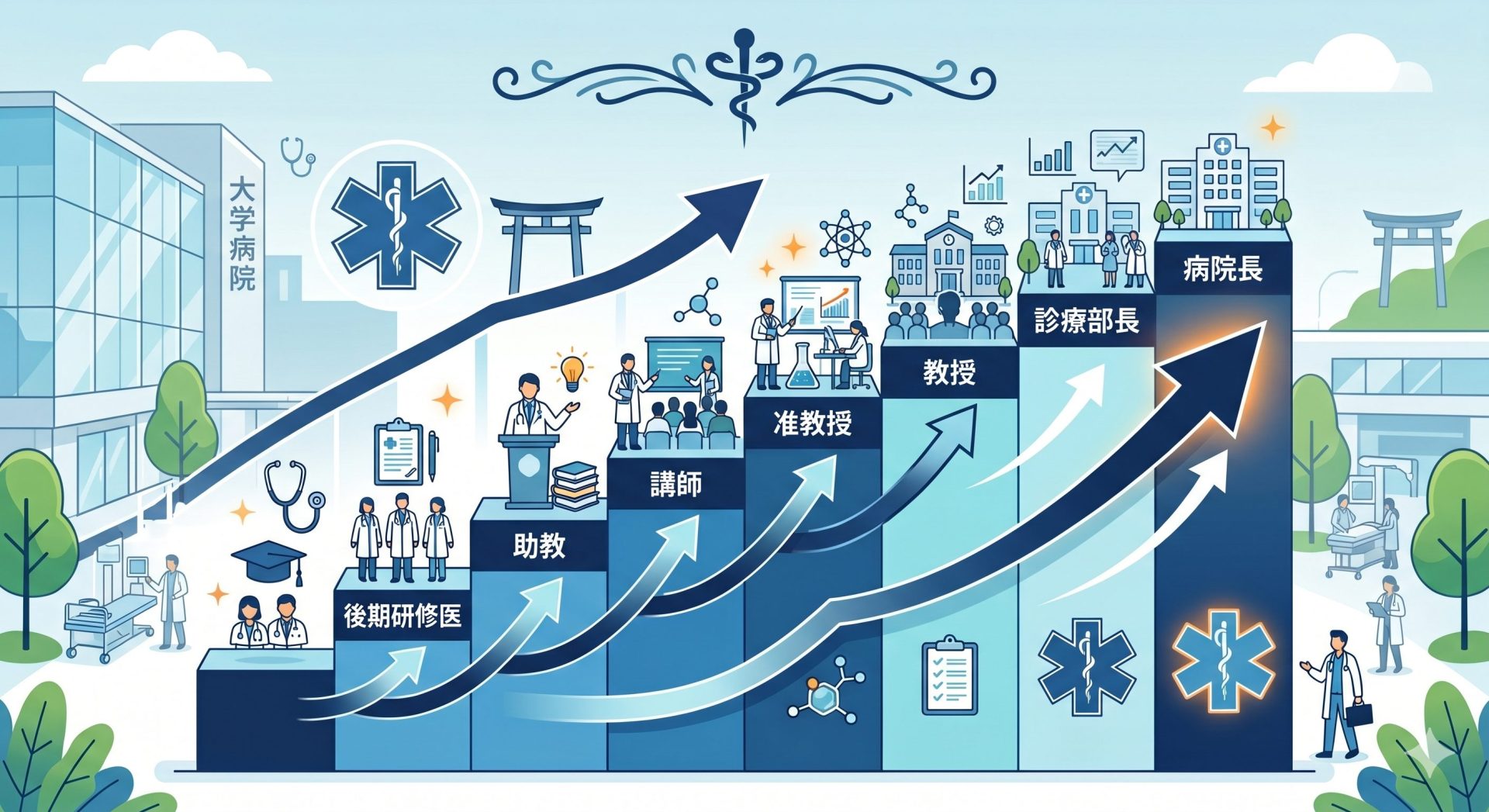 大学病院での医師キャリアラダー（助教・講師・准教授・教授）のイメージ図
