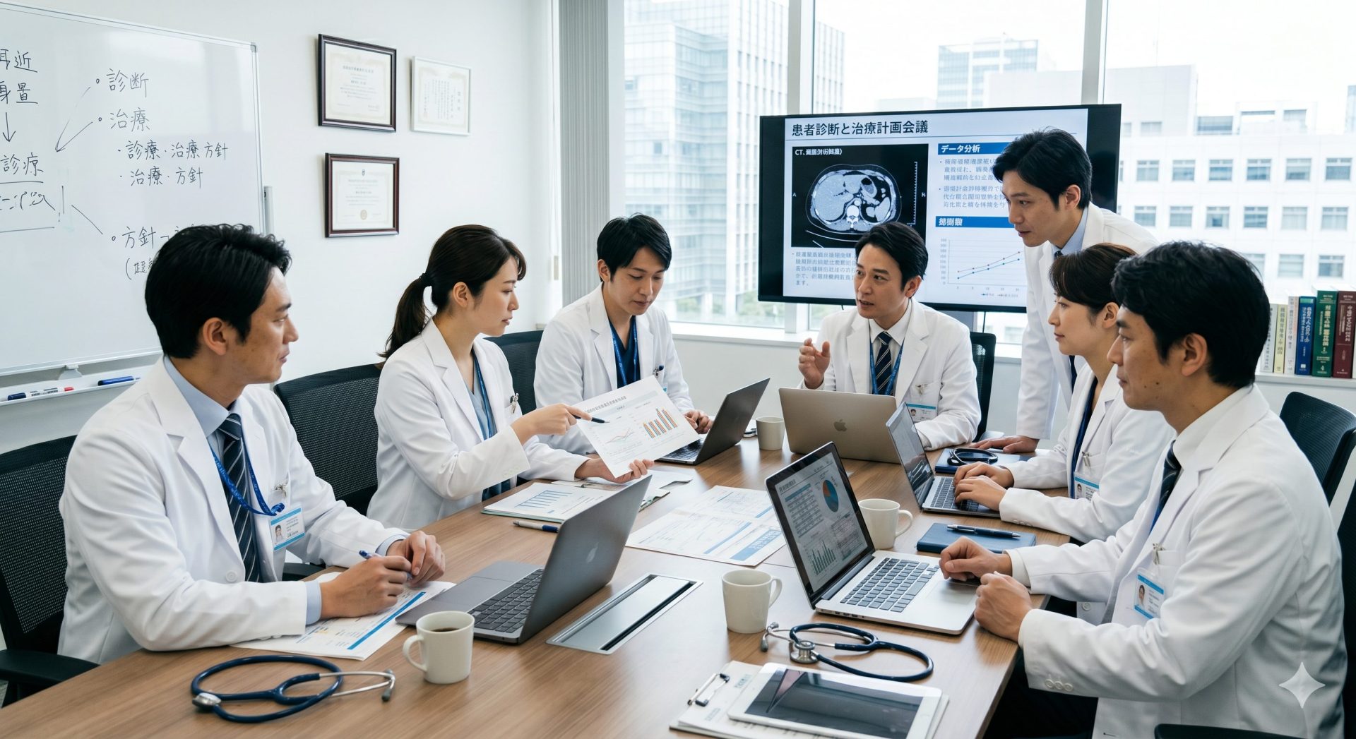 学病院でチームと話し合う日本人医師グループ、カンファレンス風景