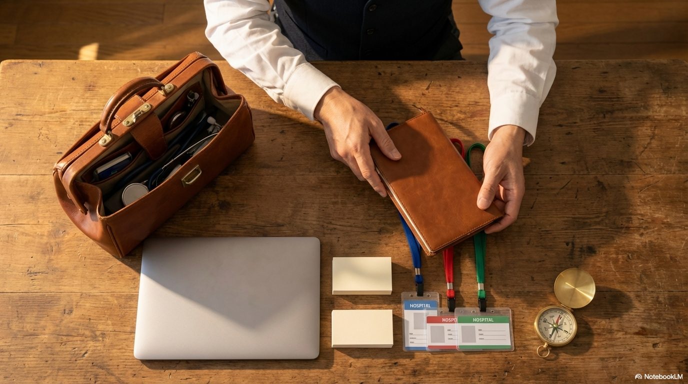 机に置かれたドクターバッグ、ノートPC、複数の病院ID、コンパス、そして革の手帳。