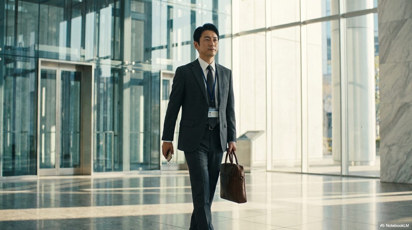 スーツを身にまとい、ビジネスバッグを手に持って近代的なビルの中を歩く男性。