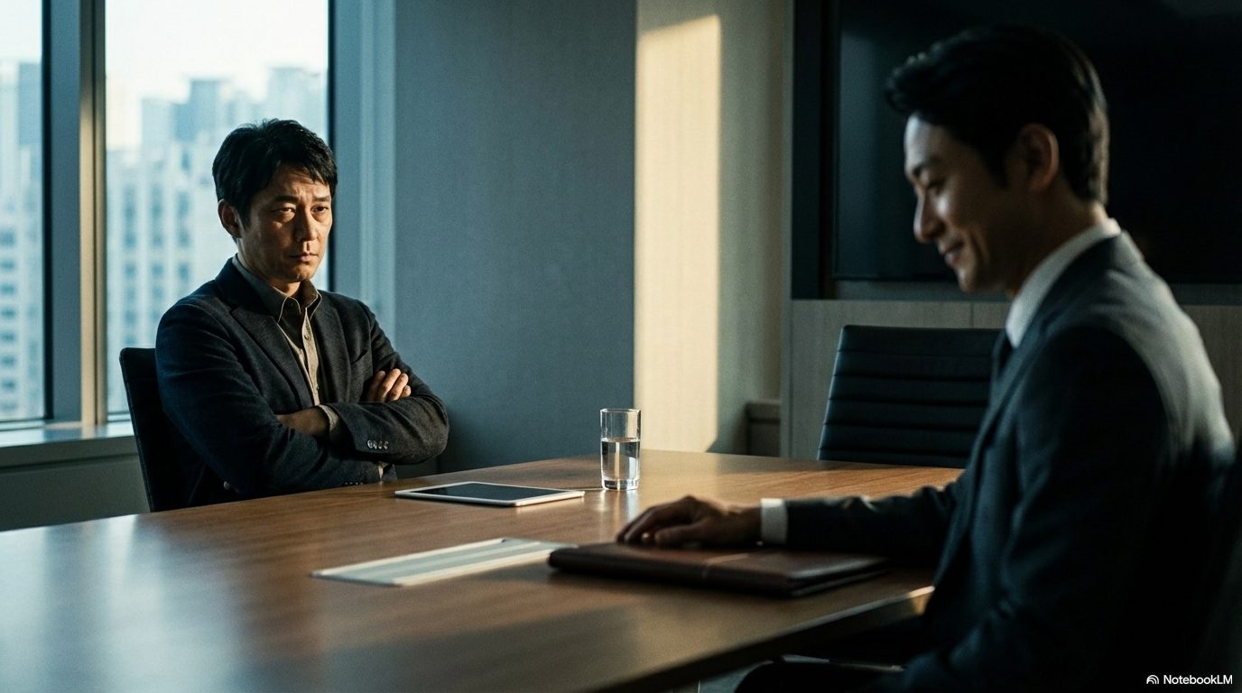 窓から都市が見えるオフィスで、真剣な表情の男性と笑顔で向き合うスーツ姿の男性。大手メディアが触れないフリーランス医師の本音——転職エージェントが語れないこと