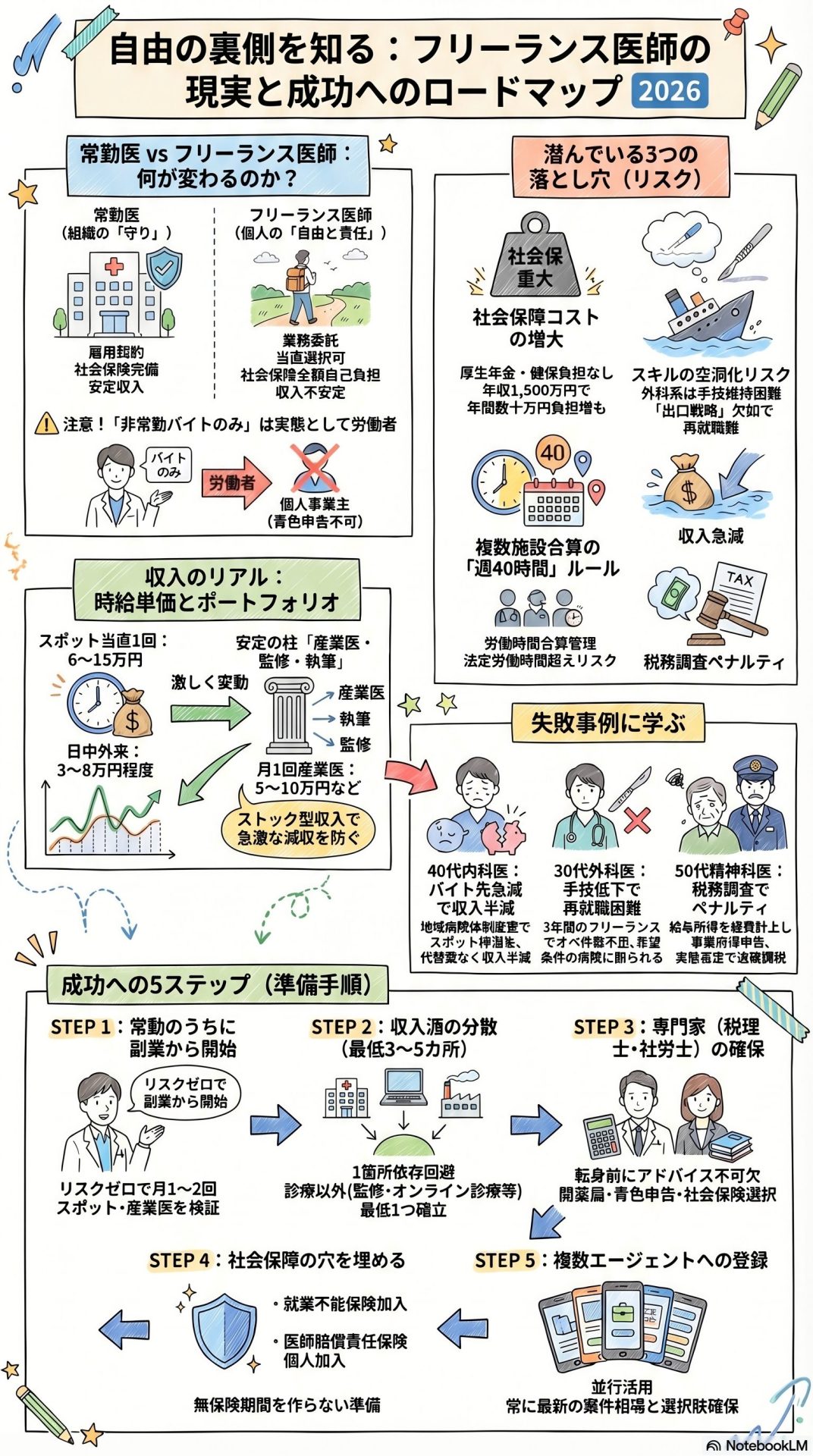 常勤医とフリーランスの比較や、活動に伴うリスク、収入の内訳、失敗事例、成功に向けた5つの準備ステップを解説