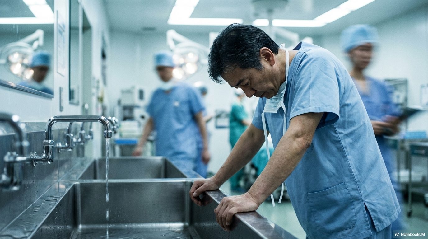 手術室のシンクに両手をつき、極限の疲労感から頭を垂れてうなだれる手術着の医師。