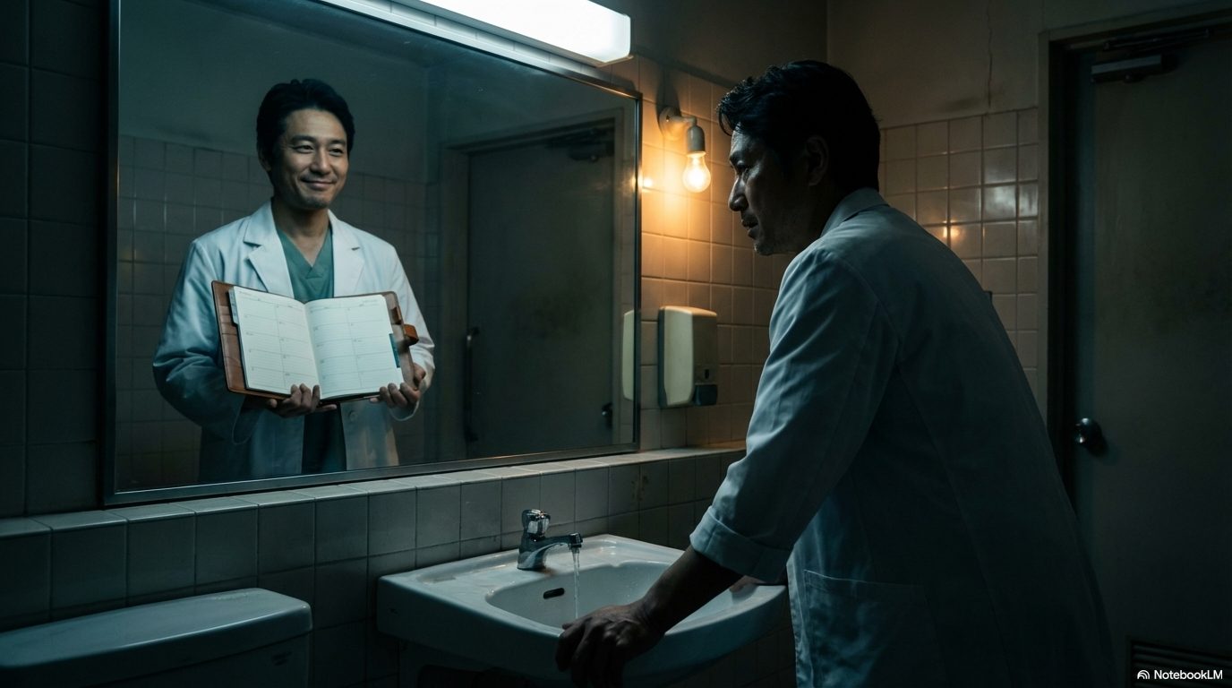 鏡に映る自分を見つめる医師。鏡の中の自分はスケジュール手帳を持ち、晴れやかな笑顔を浮かべている。