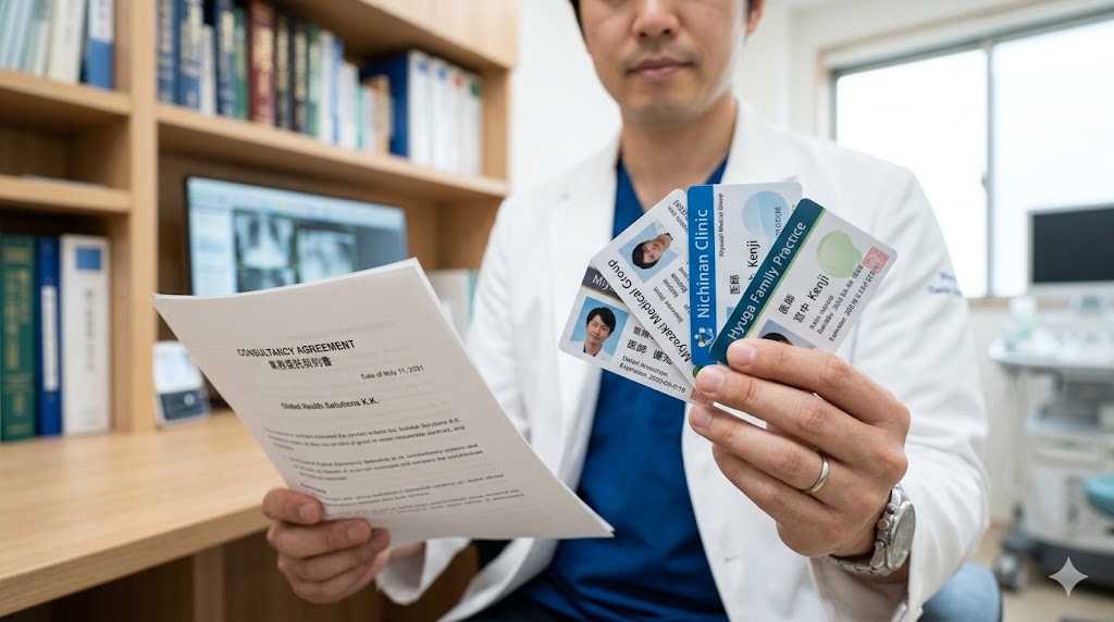 複数のクリニックのIDカードと業務委託契約書を手に持つ日本人医師の手元のアップ。背景は現代的な医療オフィス。