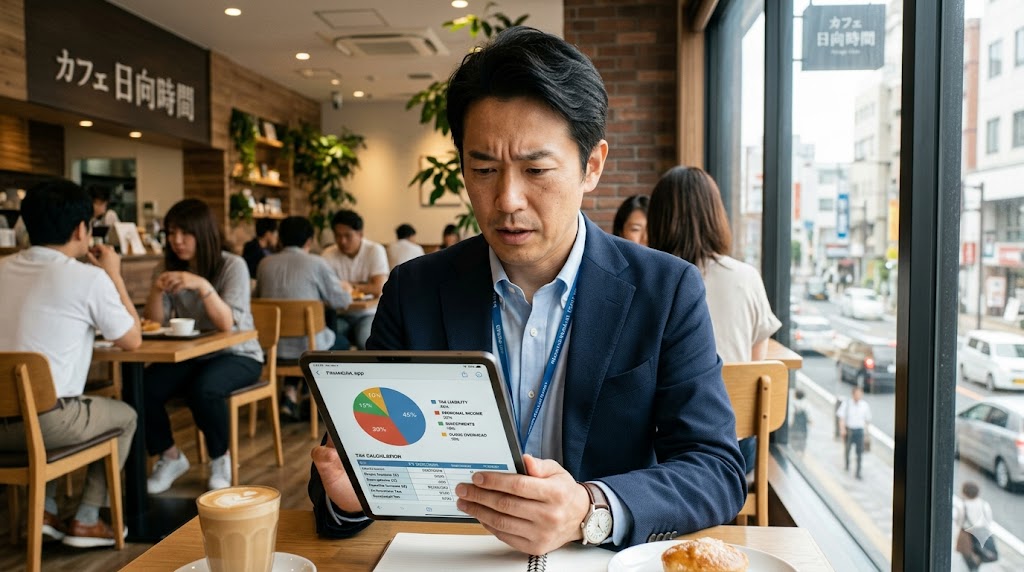 カフェでタブレットの税金計算スプレッドシートや円グラフを見て、少し驚きながらも冷静に分析する40代の日本人男性医師。▲「年収1,800万円」の裏側に隠された、社会保険料の全額自己負担や税金による手取り額の現実。