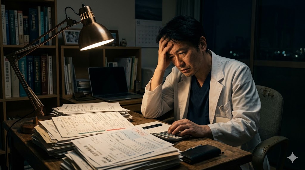 夜遅くの自宅のデスクで、山積みの確定申告書類や国民健康保険の請求書を前に頭を抱え、ストレスを感じている40代の日本人男性医師。