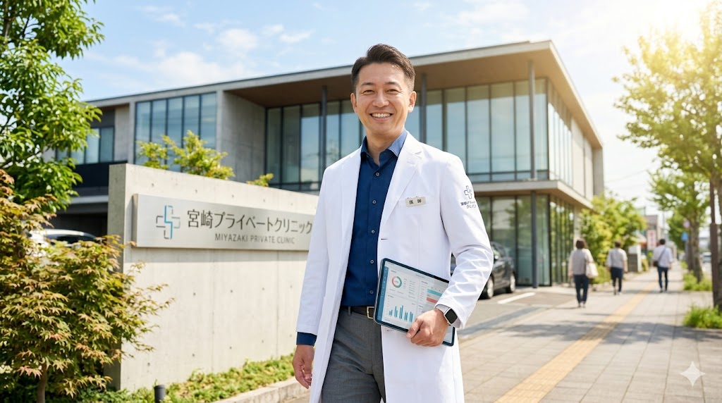 晴れた日に現代的なクリニックを背景に、タブレットを持ち自信に満ちた笑顔で歩く40代の日本人男性医師。明るく前向きな雰囲気。