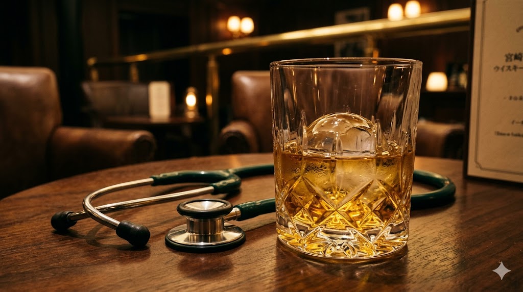 ダークウッドのテーブルに置かれた、丸氷の入った高級な琥珀色のウイスキーグラス。隣には聴診器が上品に添えられている、ムーディーでラグジュアリーな写真。