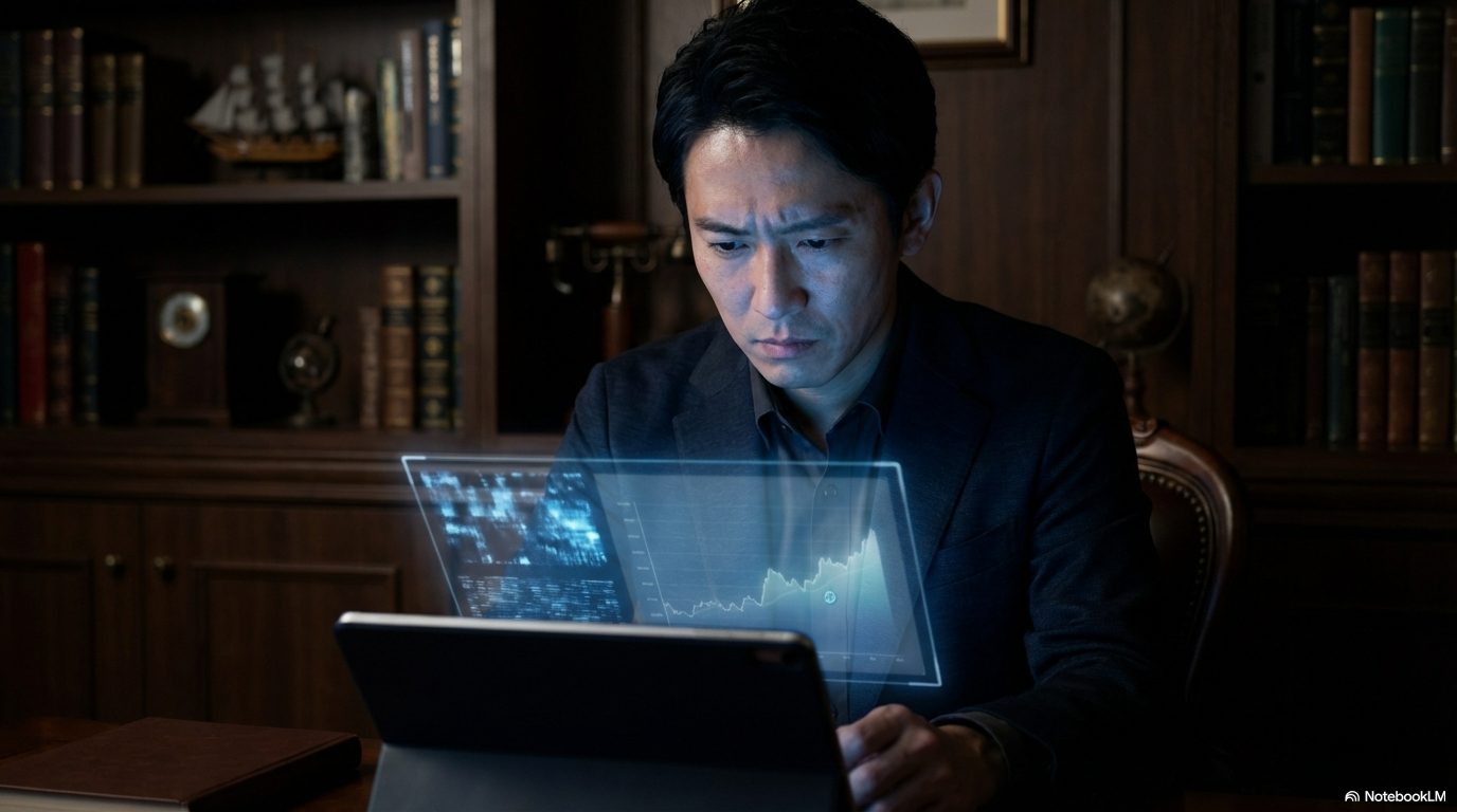 暗い部屋でホログラムのグラフが表示されたタブレット端末を真剣に見つめる、スーツ姿の男性。