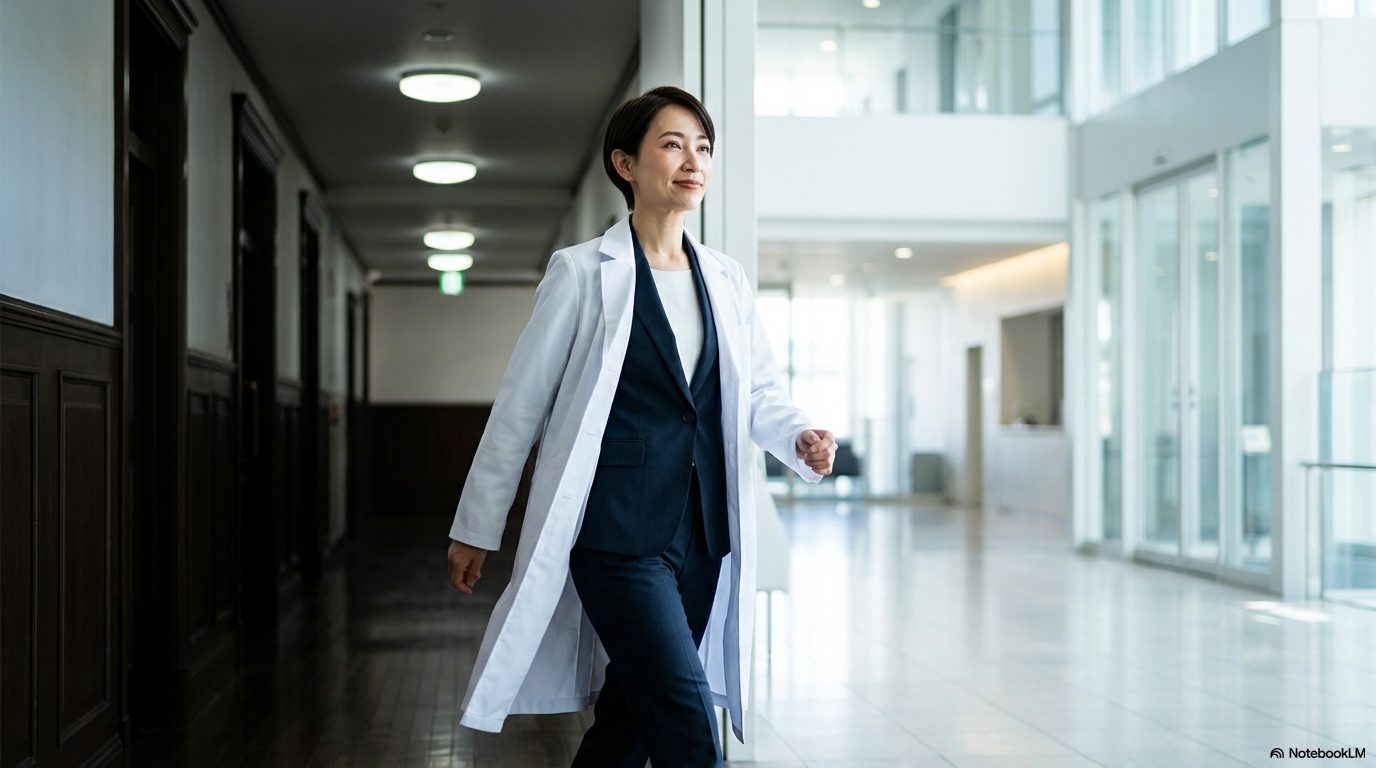 近代的な建物の廊下を、自信に満ちた表情で颯爽と歩く白衣とスーツ姿の女性医師。