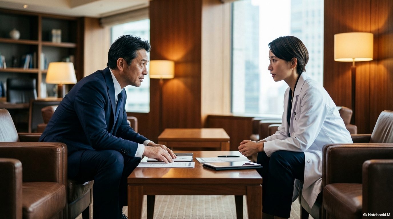 落ち着いた応接室で、テーブルを挟んで真剣に話し合うスーツ姿の男性と白衣姿の女性。