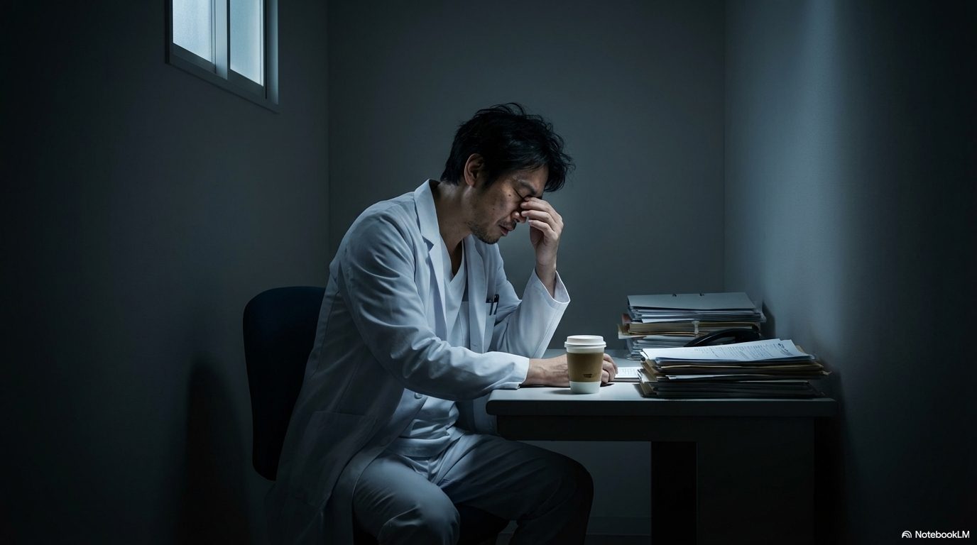暗い部屋のデスクで、山積みの書類を前に頭を抱えて疲弊している白衣姿の男性。