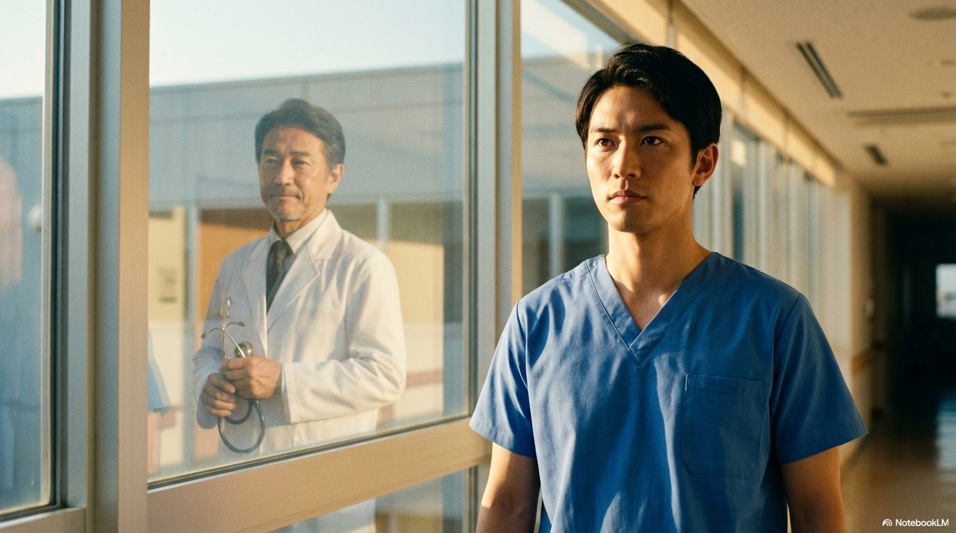 病院の廊下で前を見つめる青いスクラブ姿の若手医師と、窓に映る白衣のベテラン医師。