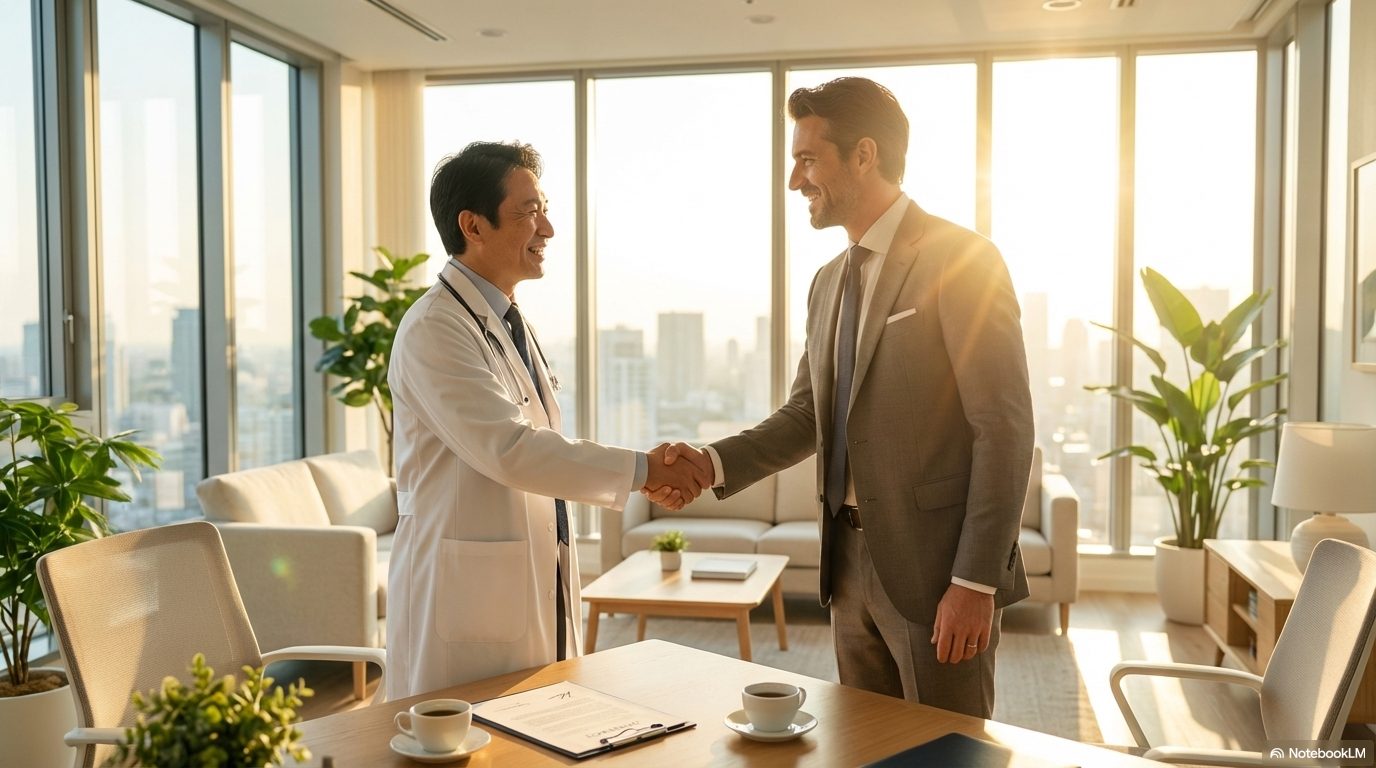 夕陽が差し込むオフィスで、笑顔で握手を交わす白衣の日本人男性とスーツ姿の外国人男性。