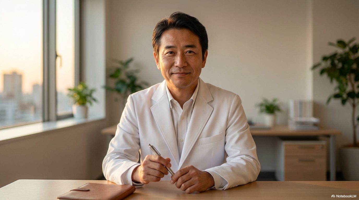 デスクに座り、ペンを手に持って穏やかな表情でこちらを見つめる白衣姿の中年男性。