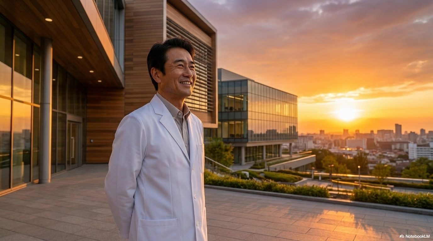 夕焼けに染まる近代的な建物のテラスで、晴れやかな表情を浮かべる白衣姿の男性。