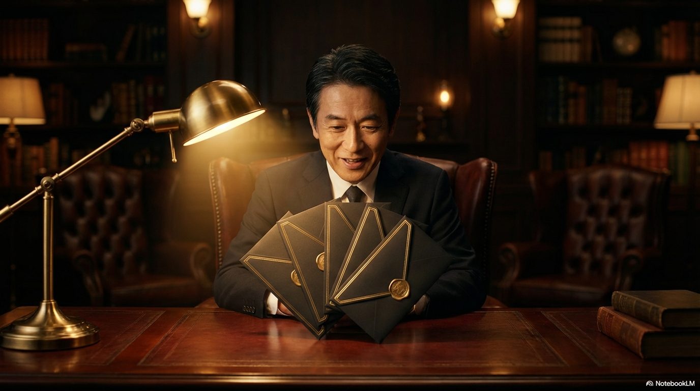 虫眼鏡を通して、都市のビル群、病院、家族、時計のイメージを見つめる男性のクローズアップ。