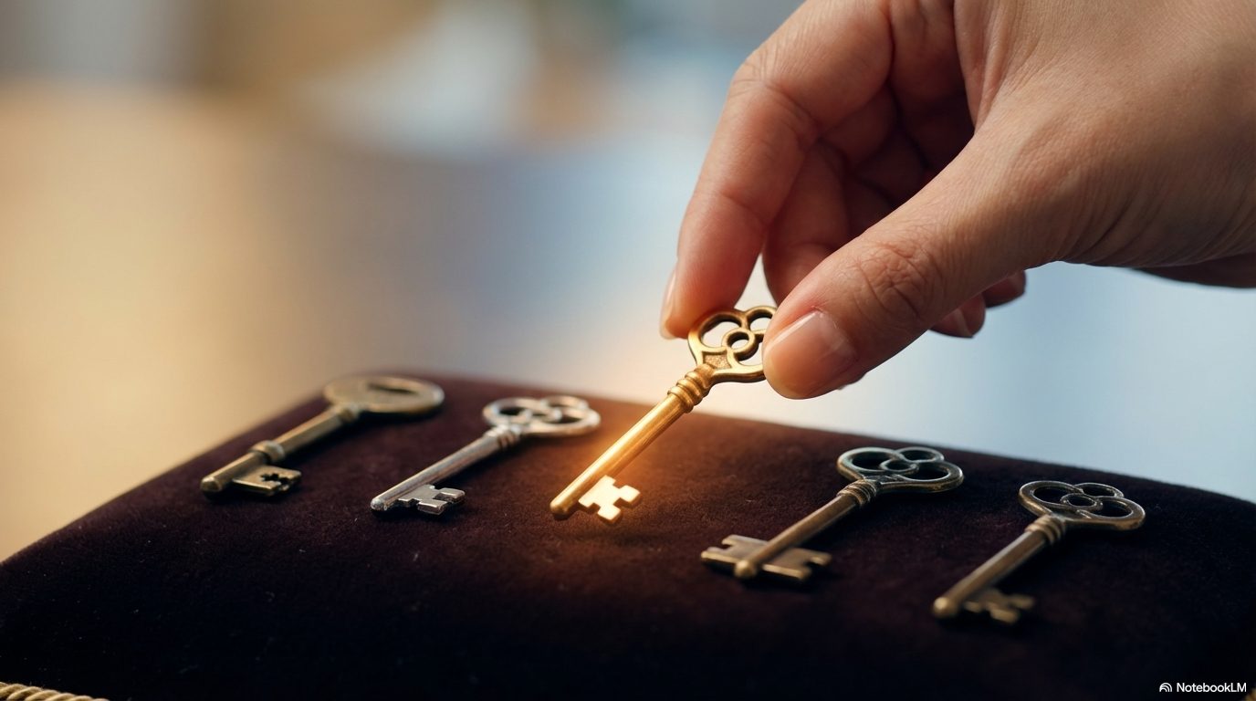 ベルベットの上に並んだ古い鍵の中から、一本の光り輝く黄金の鍵を選び取る指先の様子。