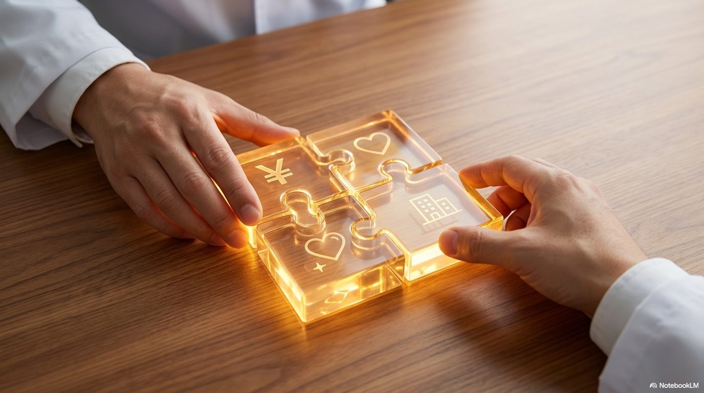 明るく開放的なラウンジで、テーブルを挟んで笑顔で握手を交わすスーツ姿の二人の男性。